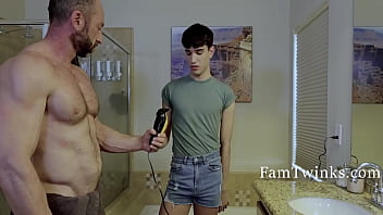 Shy Stepson Helps Step-dad Shave His ball-sac nads of babymakers